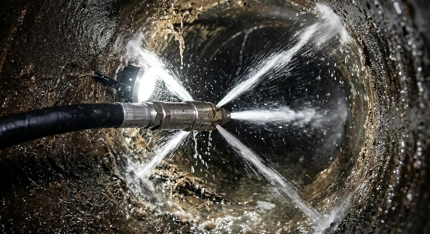 High-pressure hydro jetting nozzle cleaning sewer pipe for Sewer Cleanout in Watford City