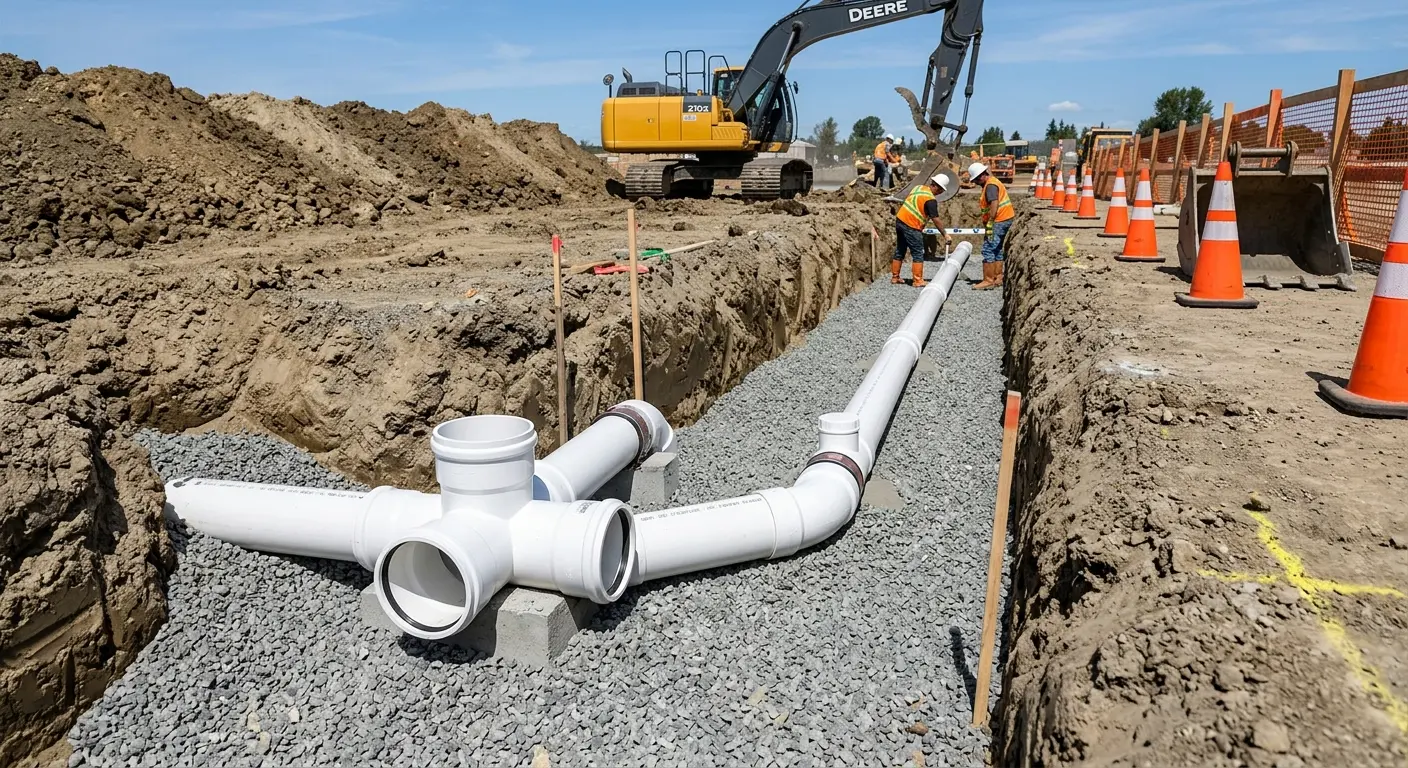 New PVC sewer pipe installation in open trench for Commercial Drain Cleaning in Watford City