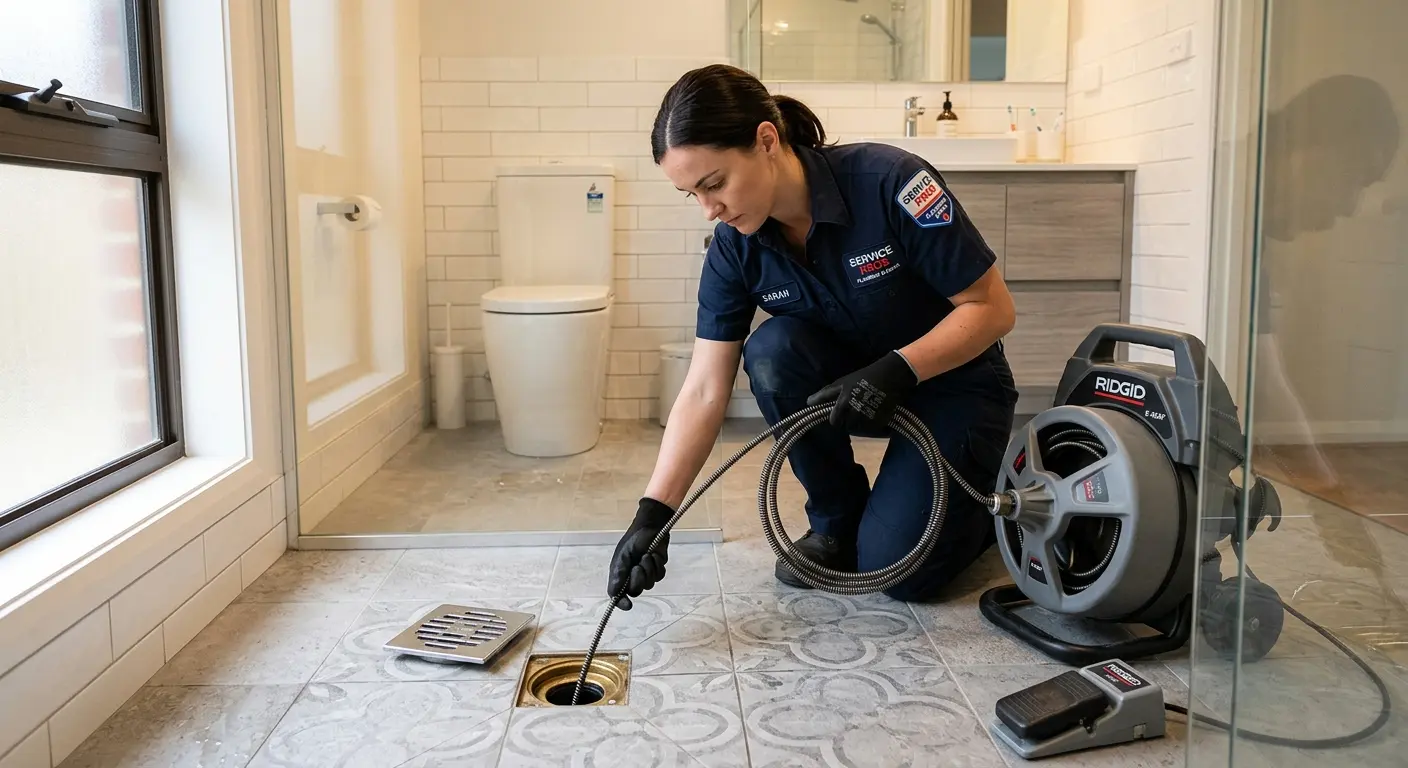 Technician clearing a bathroom floor drain for Sewer Line Replacement in Watford City